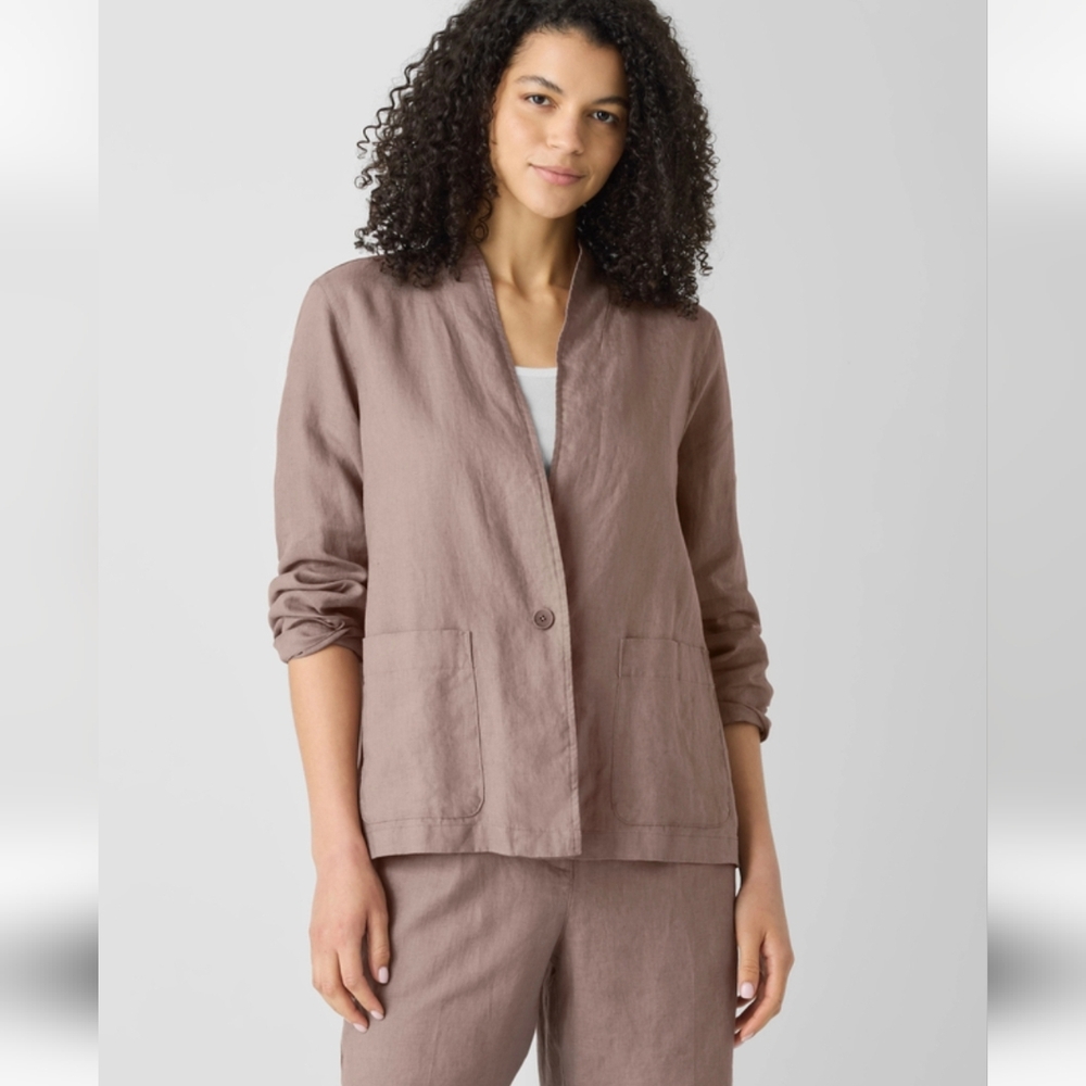 NWT Eileen Fisher Organic Linen High Collar Jacket, Cocoa, Size PS